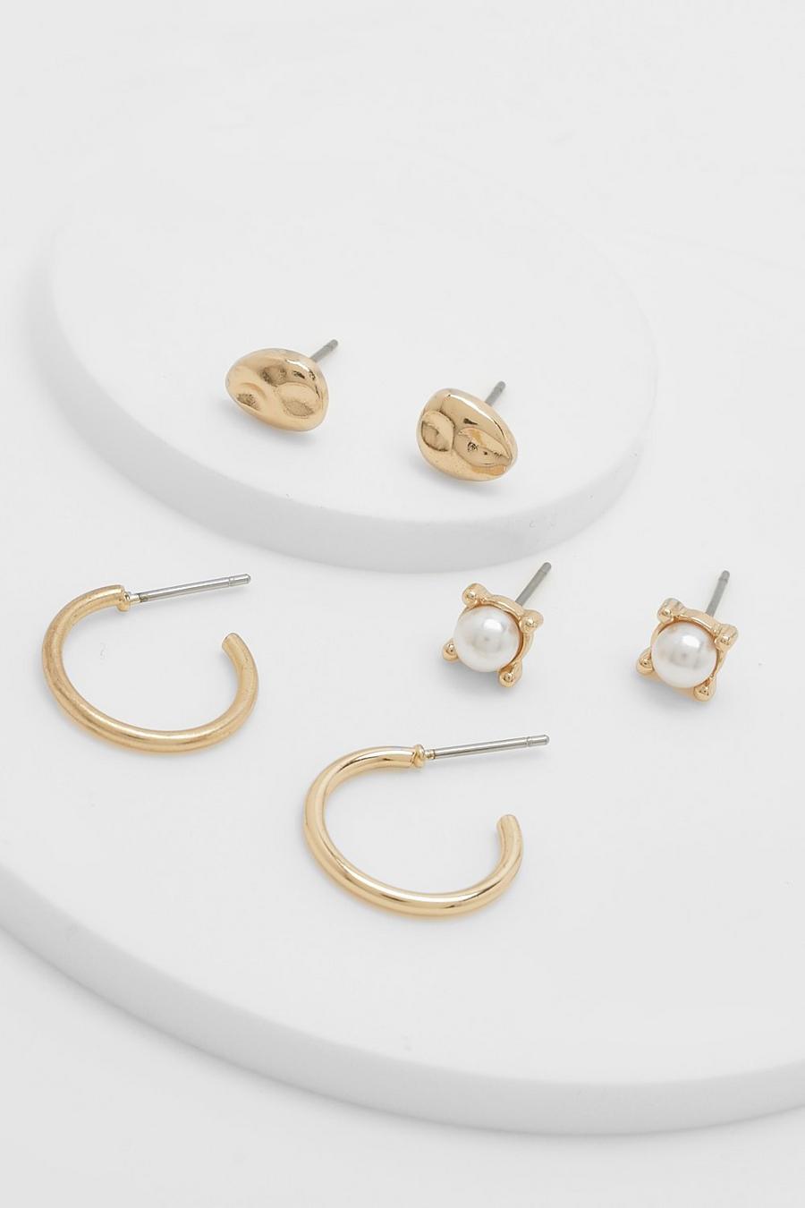 Gold metallic Molten Faux Pearl 3 Pack Earrings