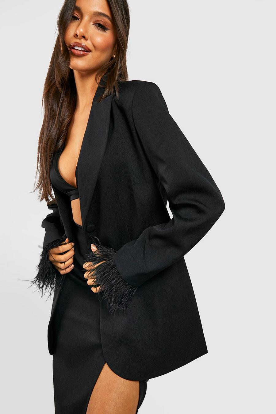Black Feather Cuff Tailored Blazer image number 1