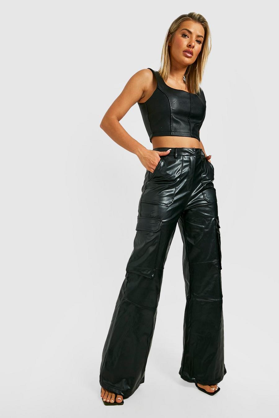 Black Multi Pocket Wide Leg Faux Leather Cargo Trousers image number 1