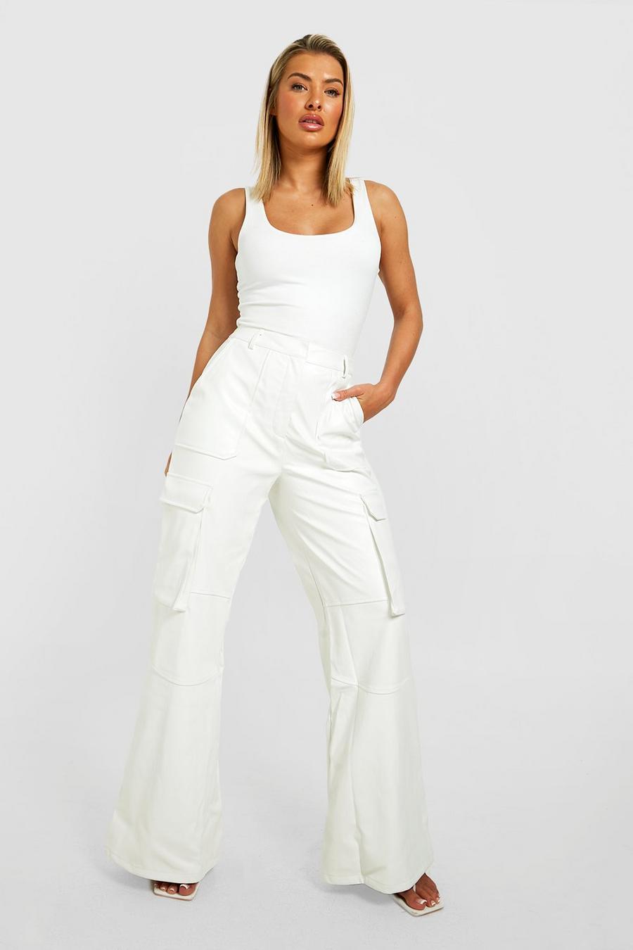 Off white Multi Pocket Wide Leg Faux Leather Cargo Trousers image number 1