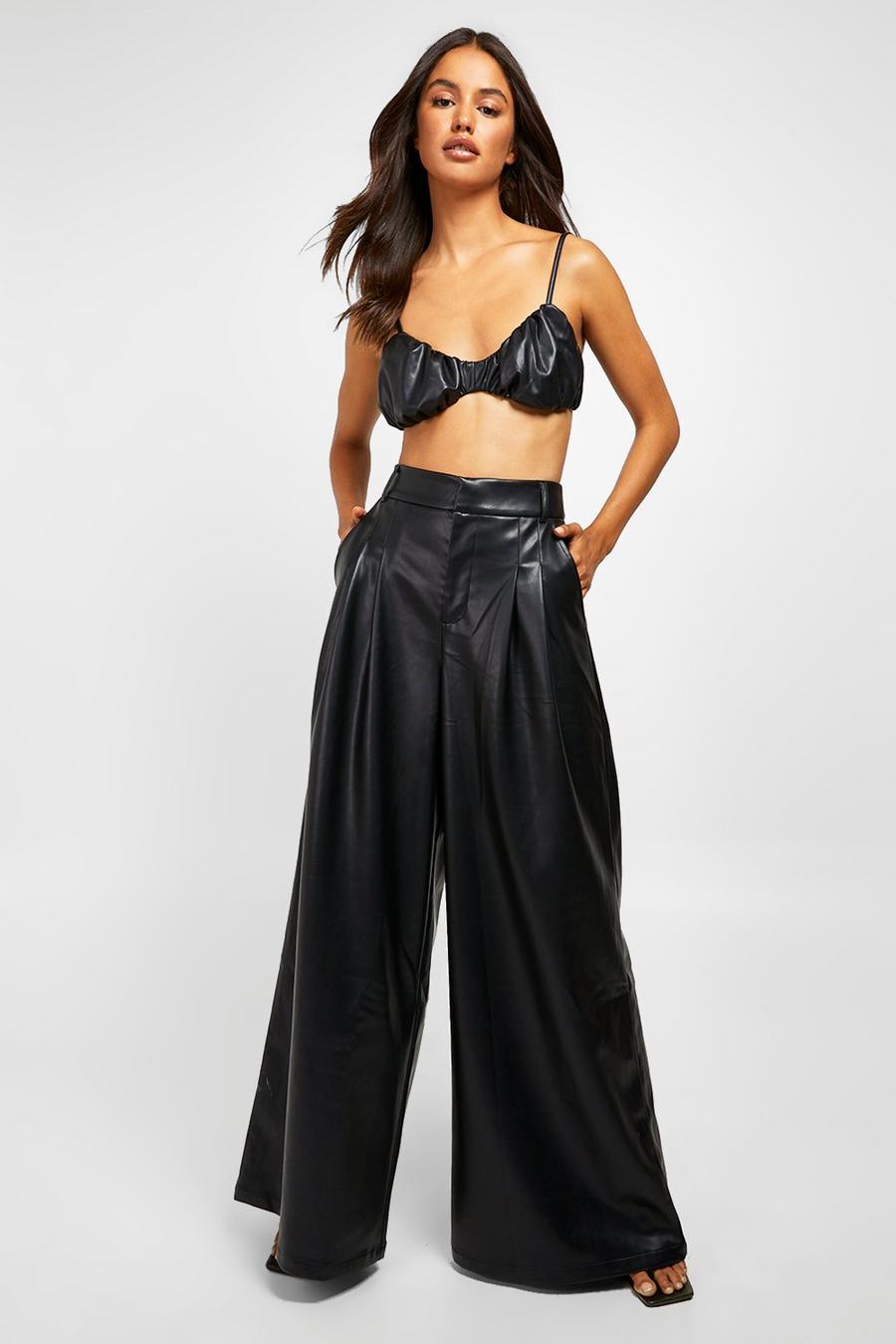 Black Leather Look Pleat Front Wide Leg Pants image number 1