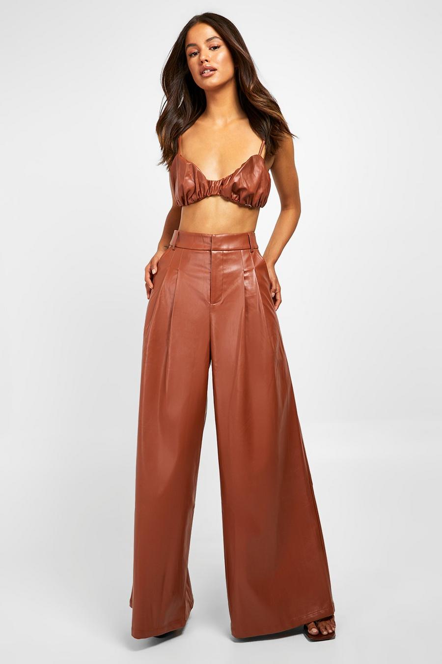 Chocolate brown Faux Leather Pleat Front Wide Leg Pants