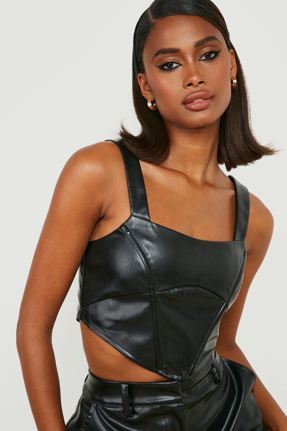 Black Leather Look Curved Hem Square Neck Corset