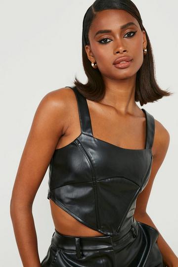 Black Faux Leather Curved Hem Square Neck Corset