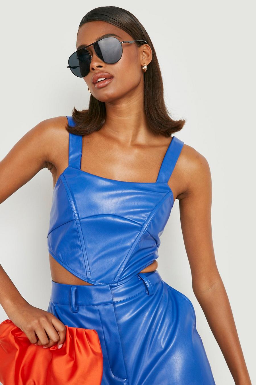 Bright blue Faux Leather Curved Hem Square Neck Corset image number 1