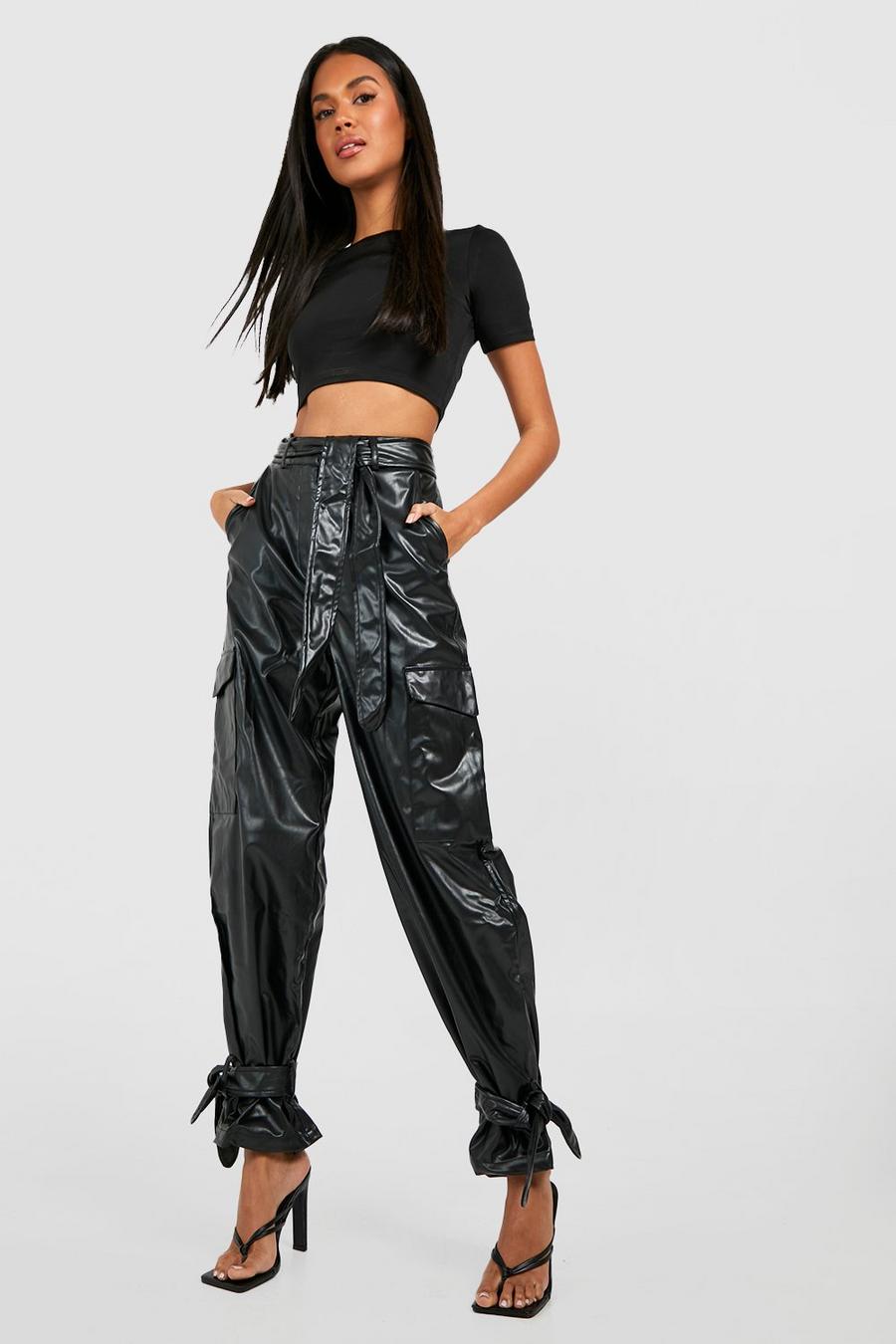 Black Leather Look Tie Ankle Cargo Pants image number 1
