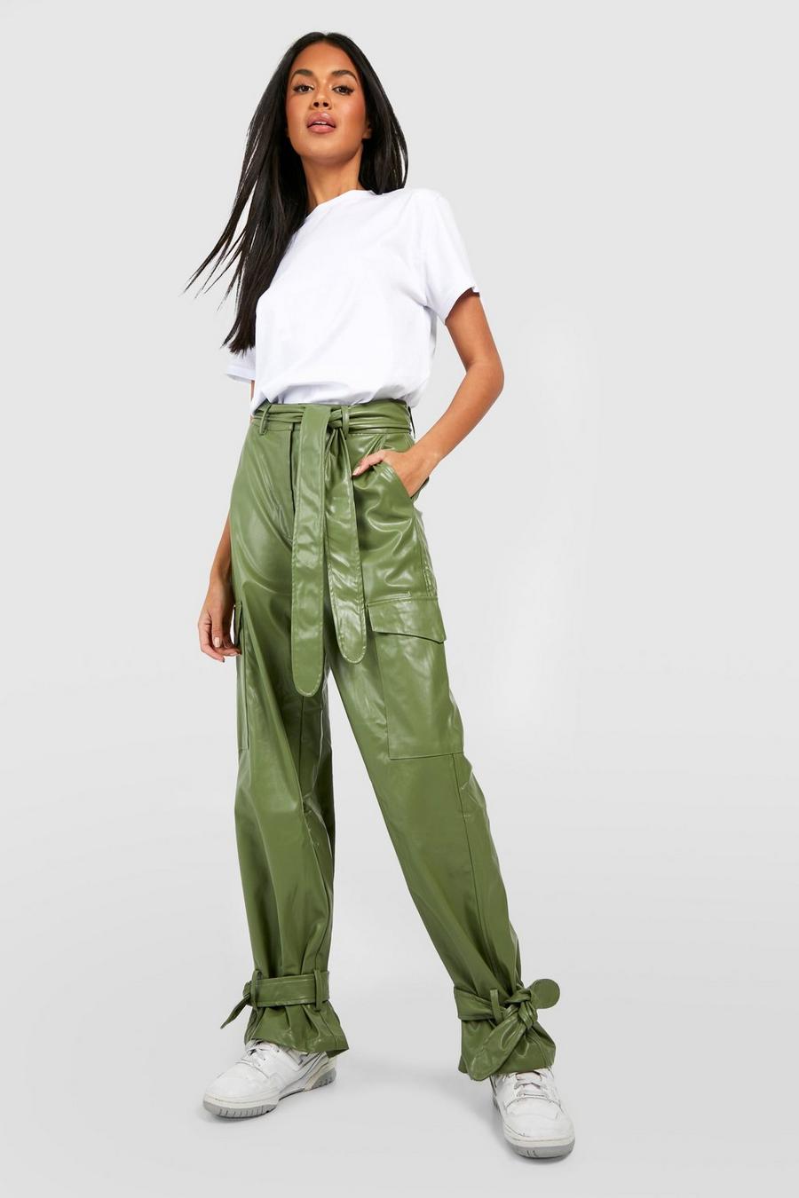 Khaki Faux Leather Tie Ankle Cargo Pants image number 1