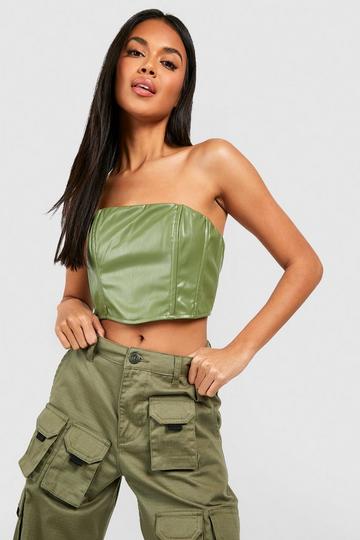 Leather Look Bandeau Boned Corset khaki