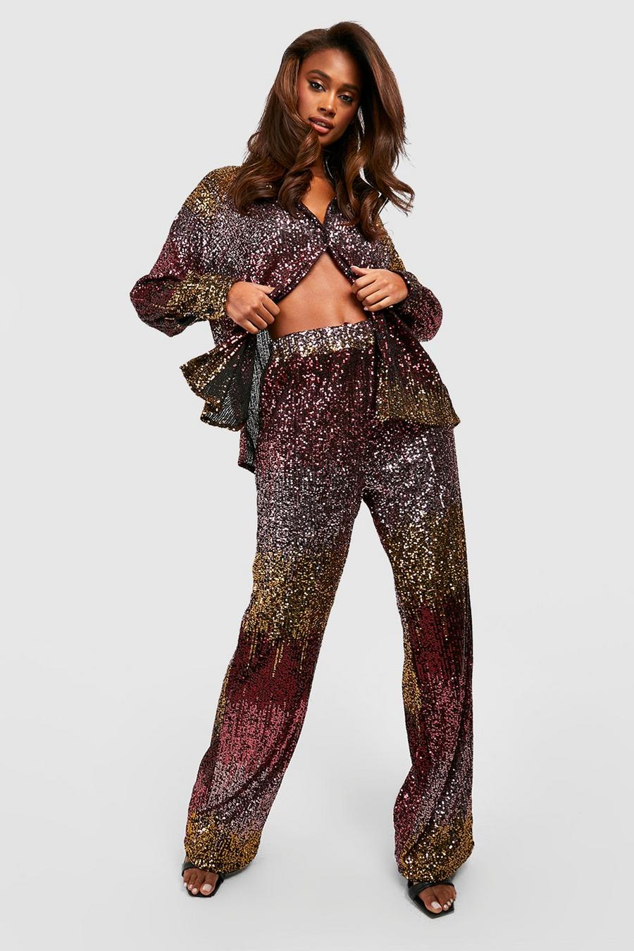 Chocolate Ombre Tonal Sequin Wide Leg Pants image number 1