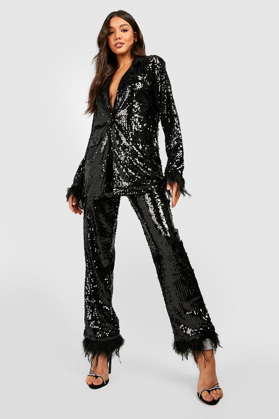 Black Sequin Feather Trim Straight Leg Trousers image number 1