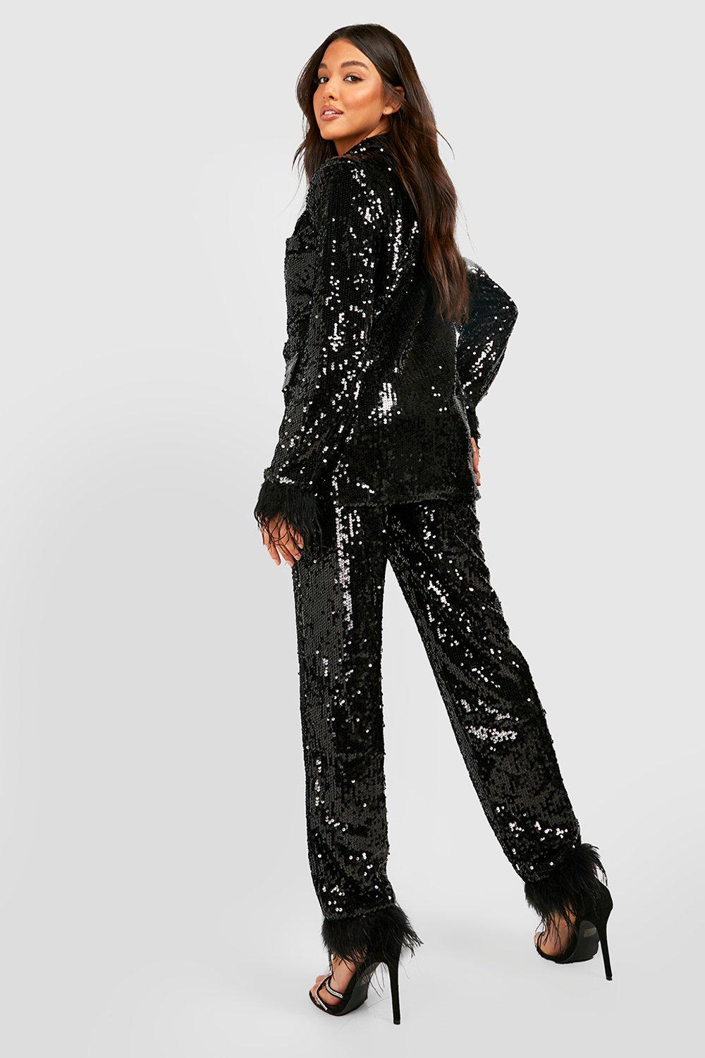 Jovani 23162 Sequin and Feather Two Piece Pant Suit 