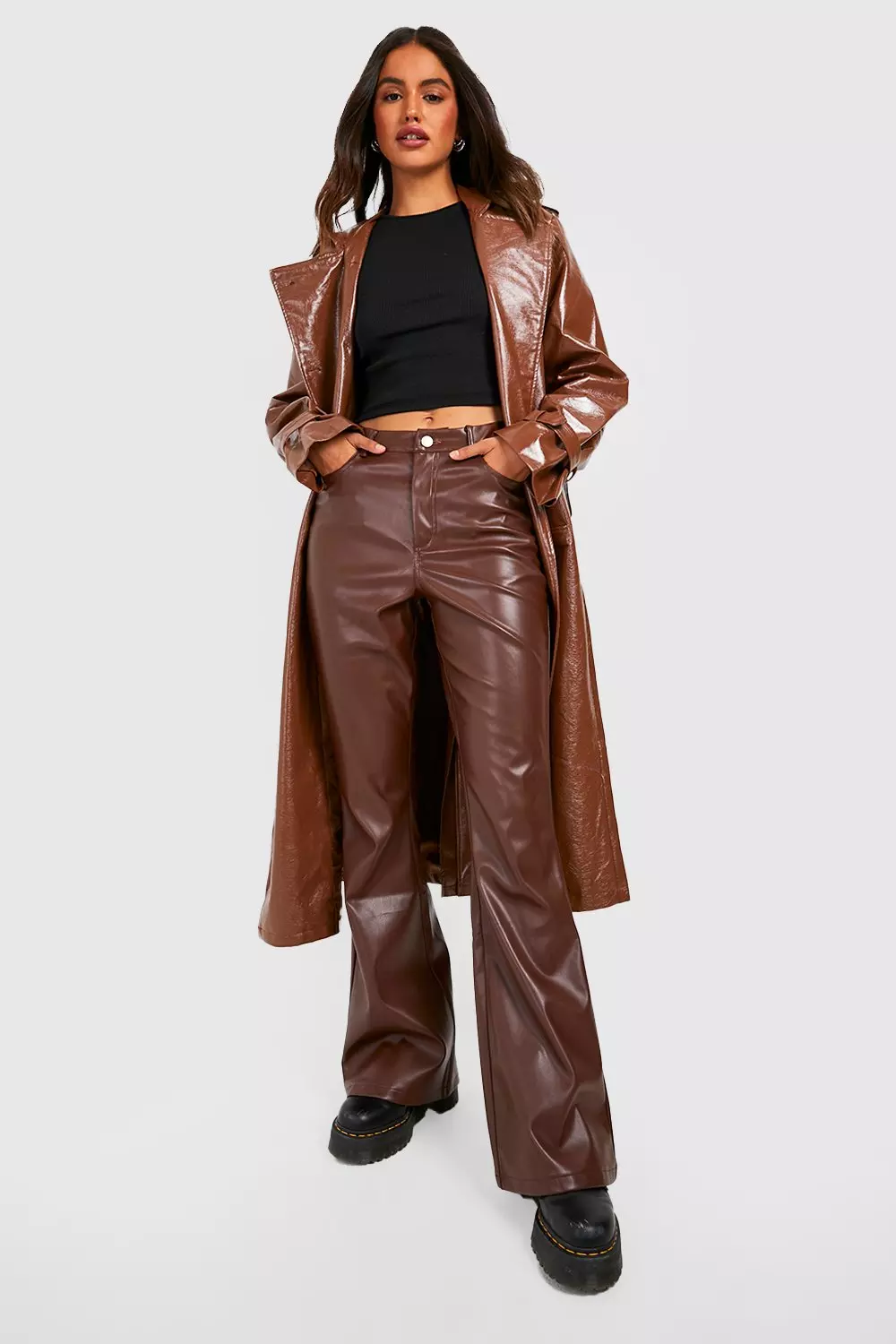 Chocolate Leather Look High Waisted Flared Trousers alternative image