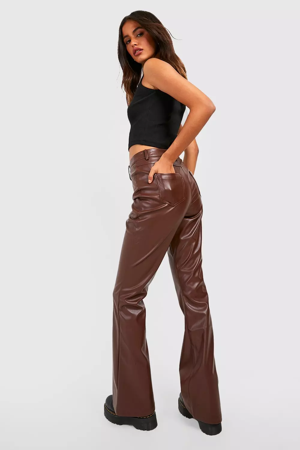 Chocolate Leather Look High Waisted Flared Trousers alternative image