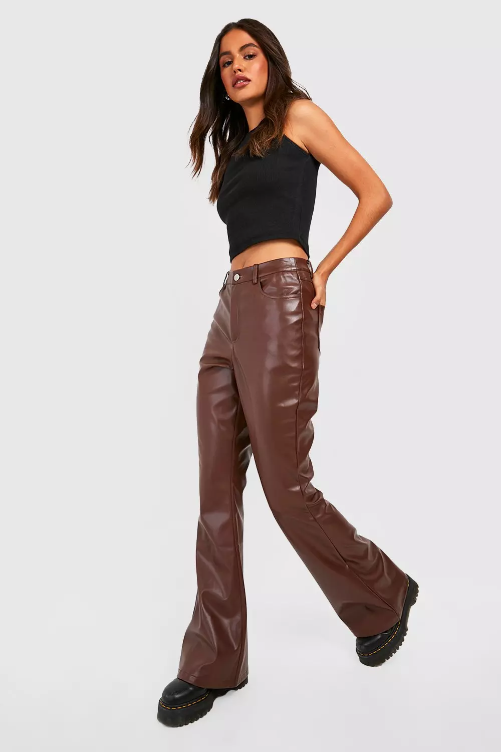 Chocolate Leather Look High Waisted Flared Trousers alternative image