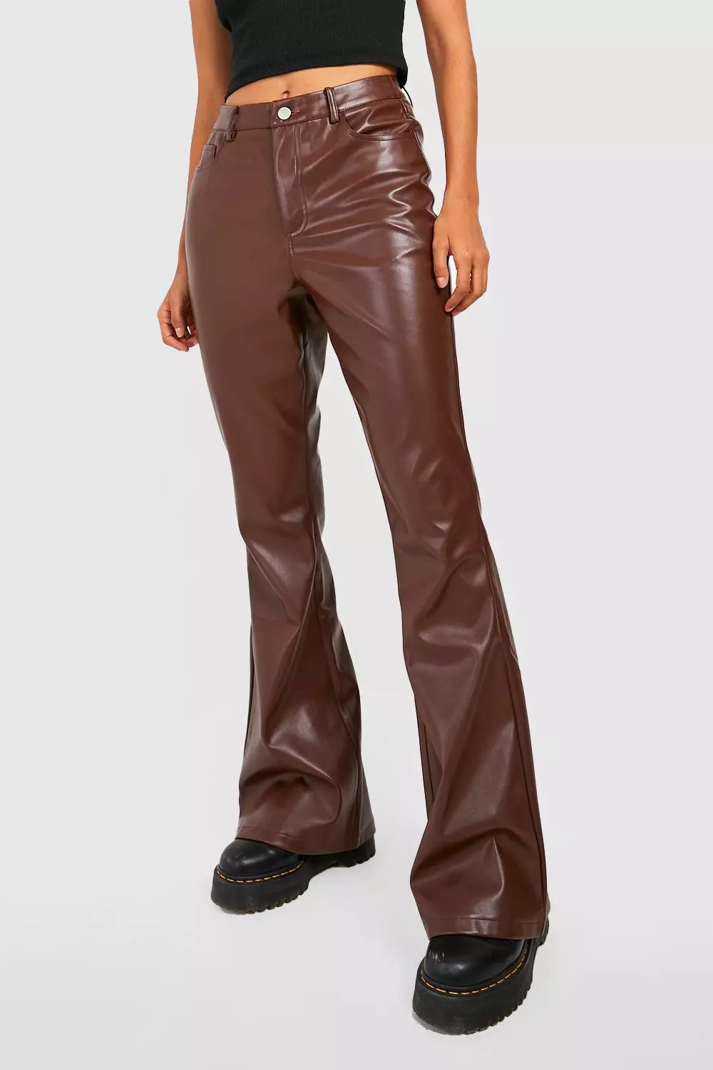 Chocolate Leather Look High Waisted Flared Trousers alternative image