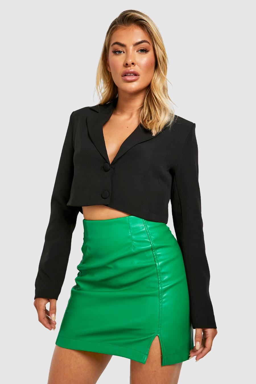 Green Basic Side Split Mini Pu Skirt image number 1