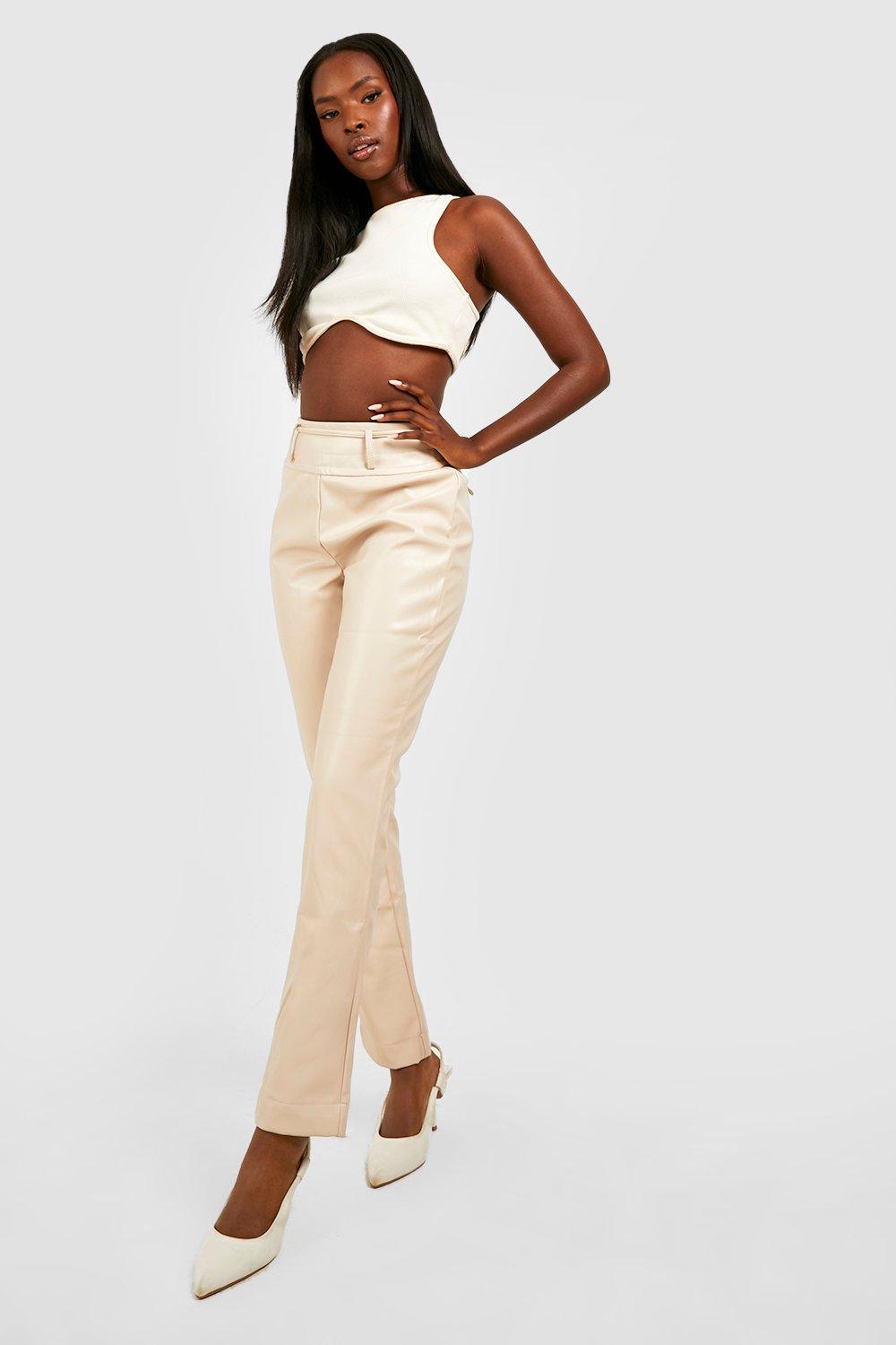 CROPPED FAUX LEATHER TROUSERS, Beige