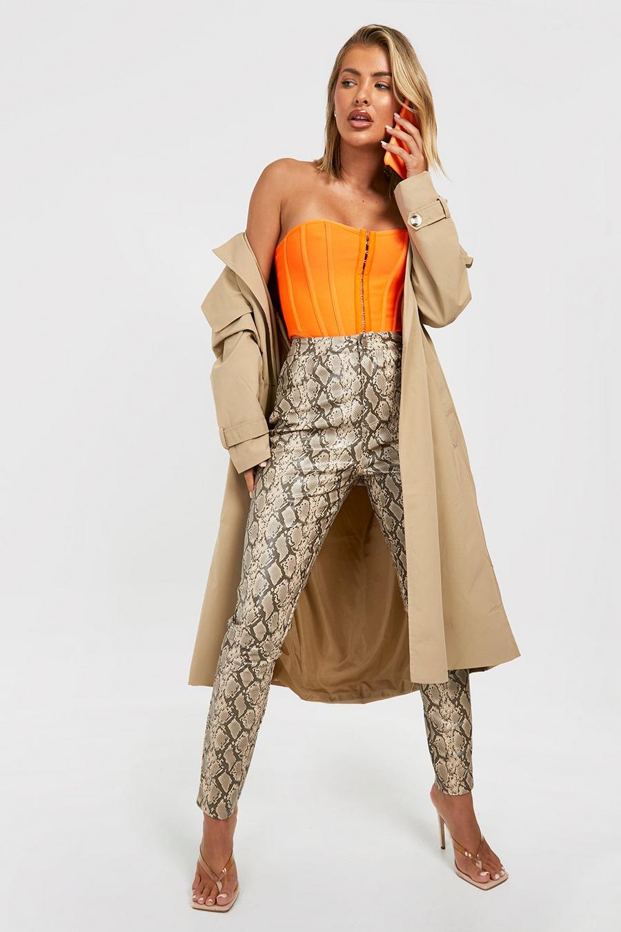 Taupe beige High Waisted Snake Leather Look Skinny Trousers