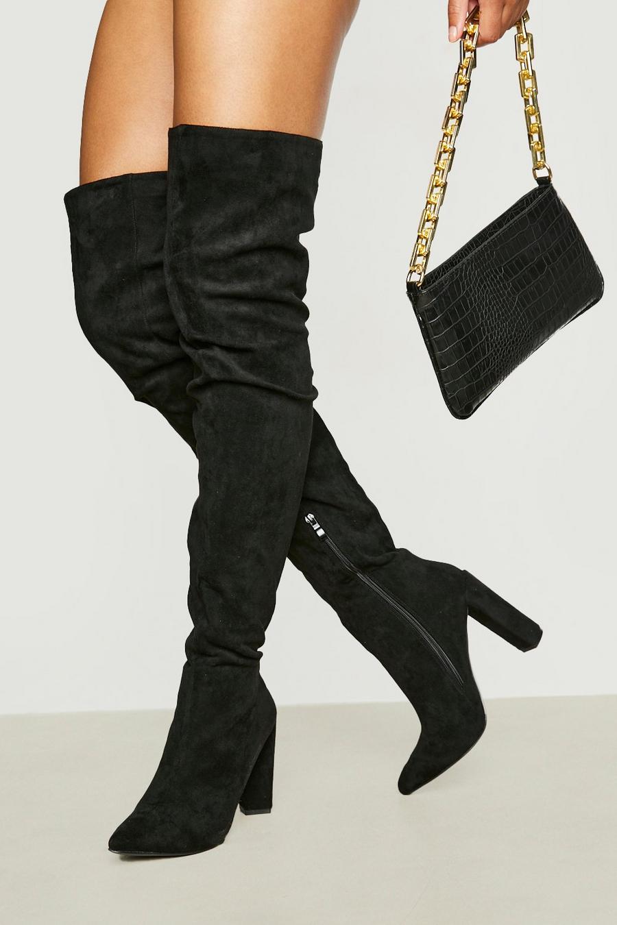 Black Thigh High Block Heel Pointed Boot image number 1