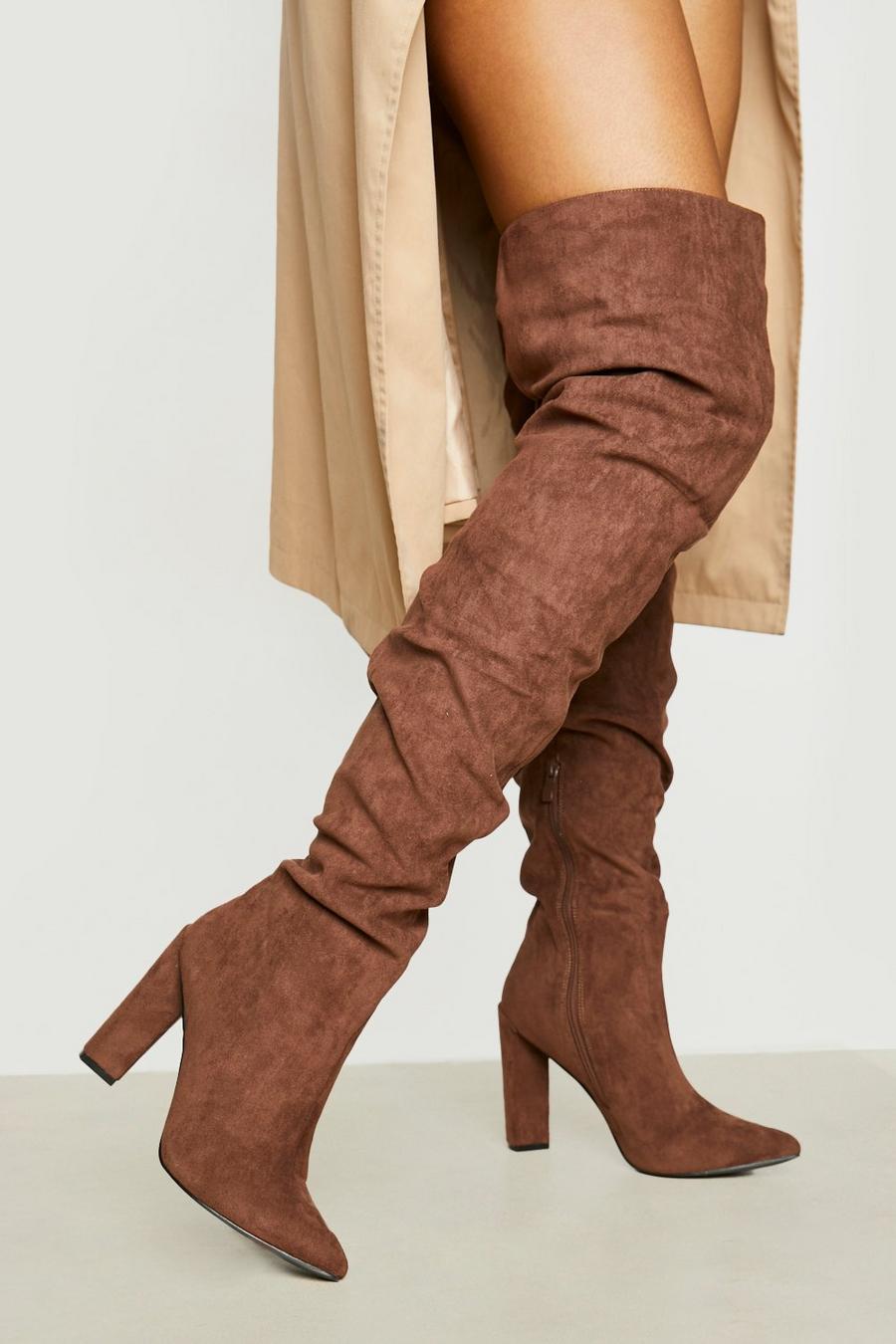 Chocolate marrón Thigh High Block Heel Pointed Boot