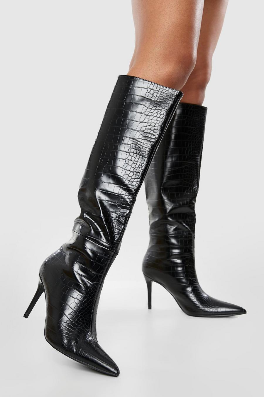 Black Knee High Mid Height Stiletto Boots image number 1