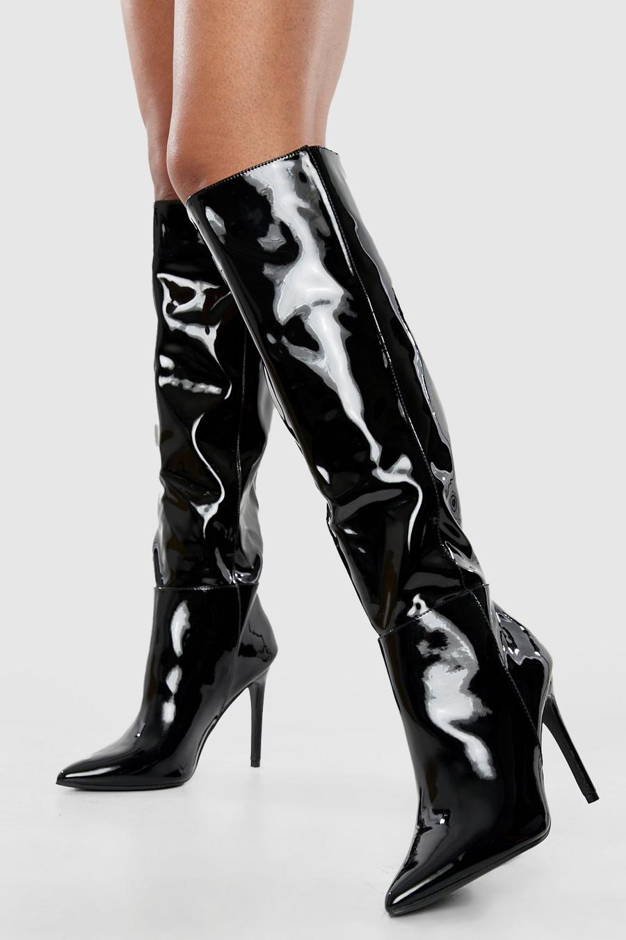 Black Pointed Knee High Stiletto Heeled Boots image number 1