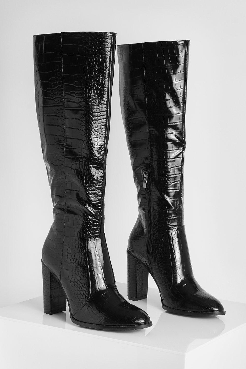 Round Toe Knee High Croc Boots | Boohoo UK