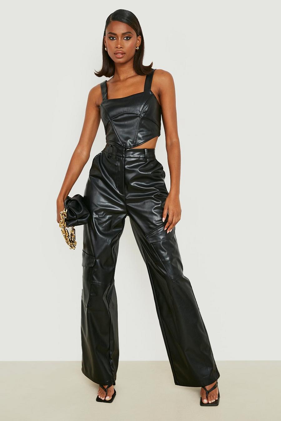 Black Faux Leather Wide Leg Cargo Pants image number 1