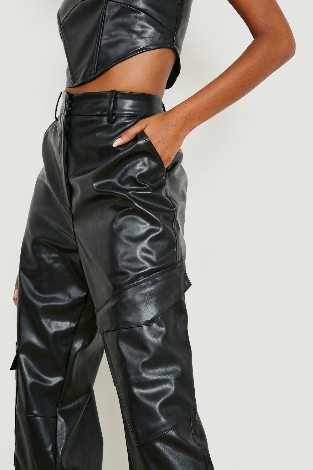 Faux Leather Wide Leg Cargo Pants