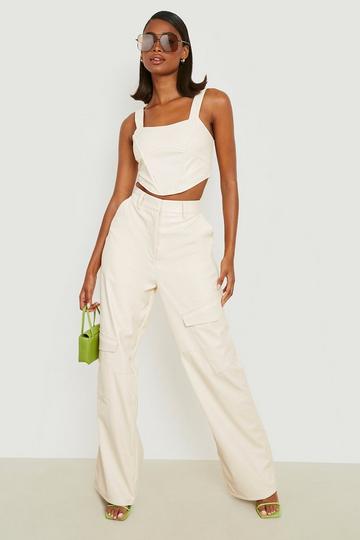 Ecru White Faux Leather Wide Leg Cargo Pants