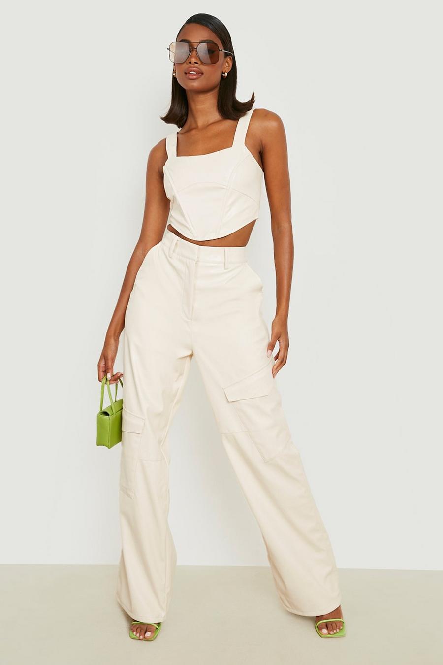Ecru Faux Leather Wide Leg Cargo Pants image number 1