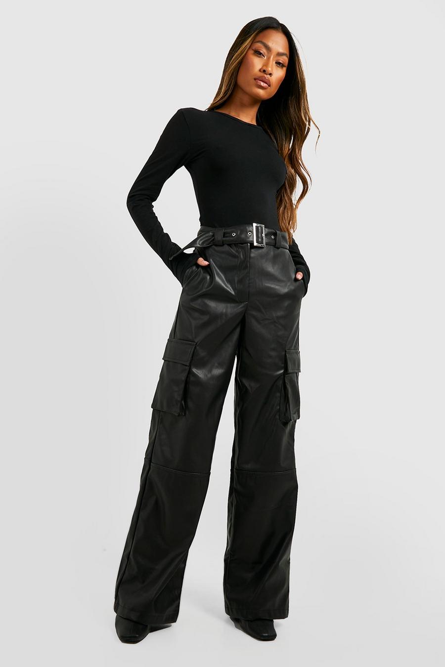 Black Premium Faux Leather Wide Leg Belted Cargo Trousers image number 1
