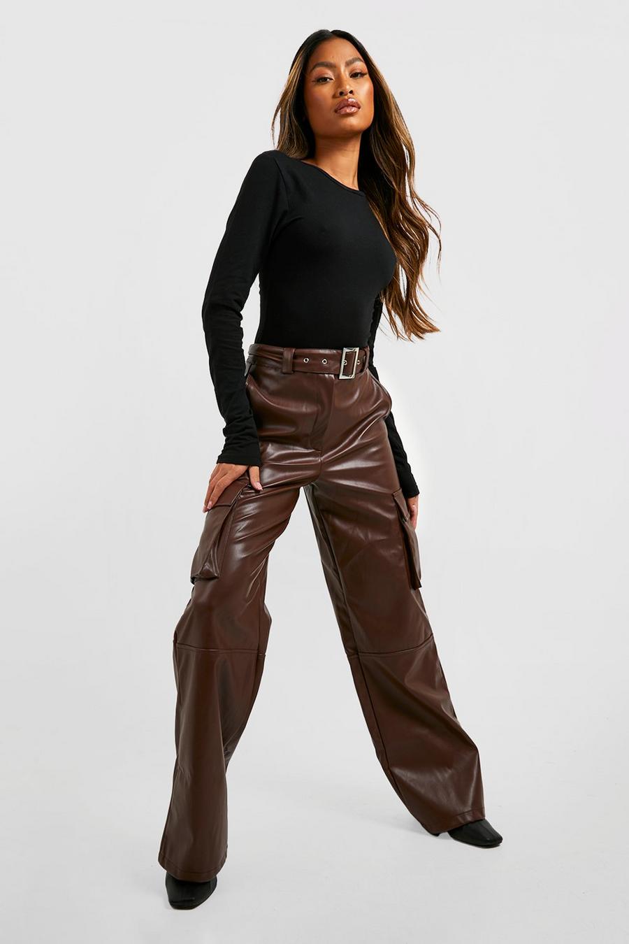 Chocolate Premium Faux Leather Wide Leg Belted Cargo Trousers image number 1
