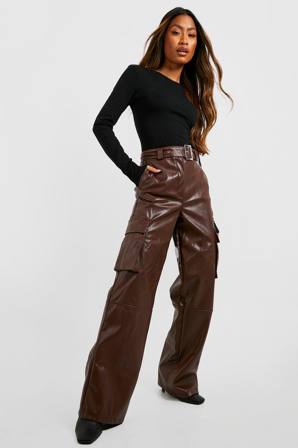 Premium Pu Wide Leg Belted Cargo Pants