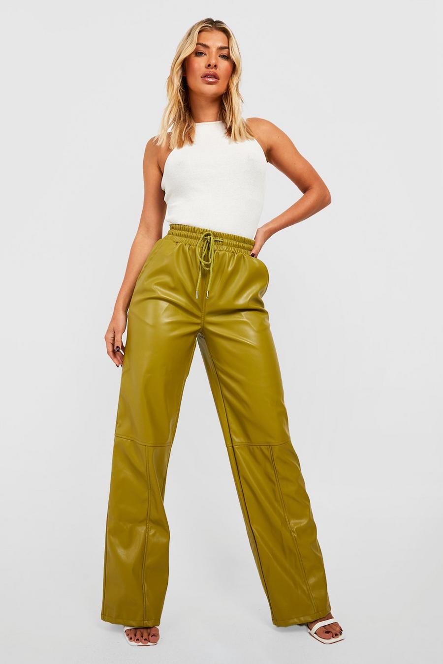 Khaki Wide Leg Faux Leather Drawstring Trousers image number 1