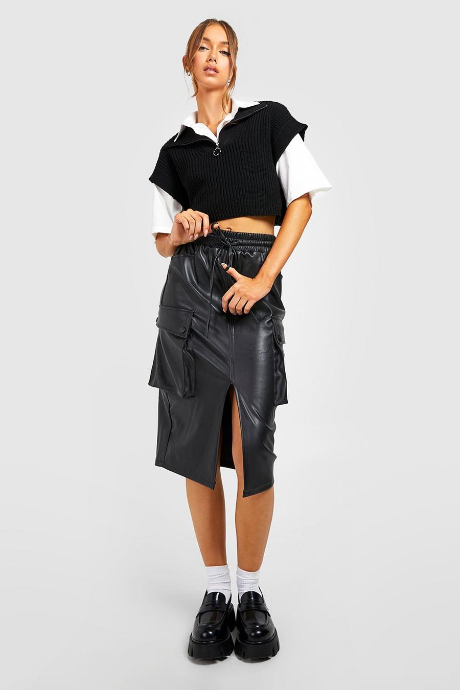 Black nero Cargo Pu Midi Skirt image number 1