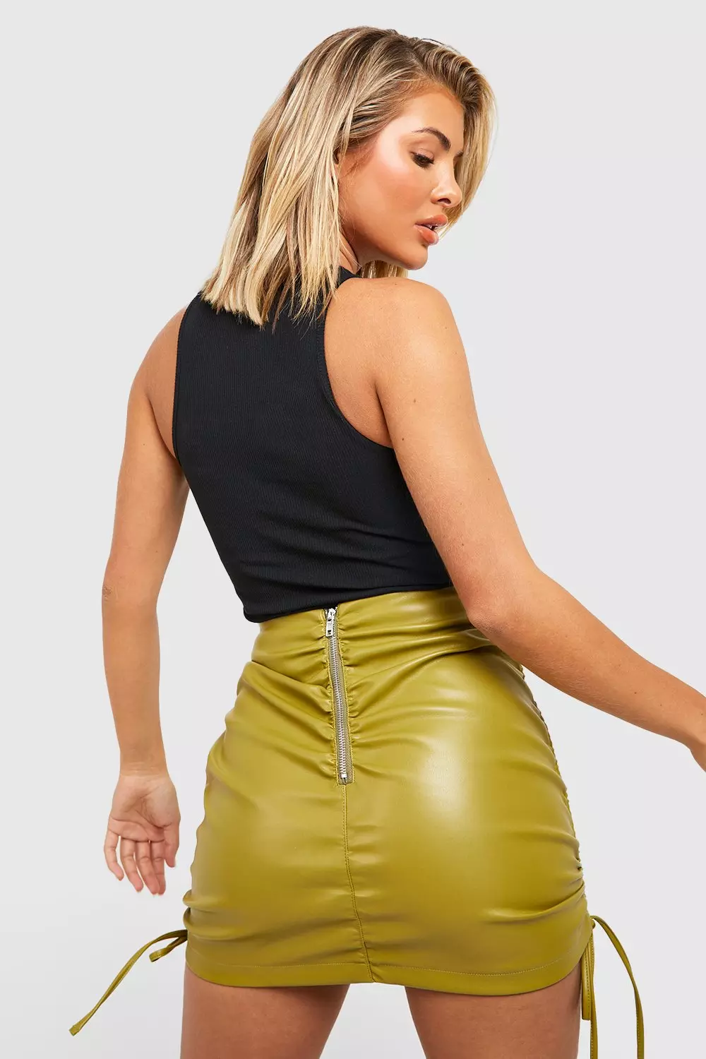 Ruched faux leather top mini skirt