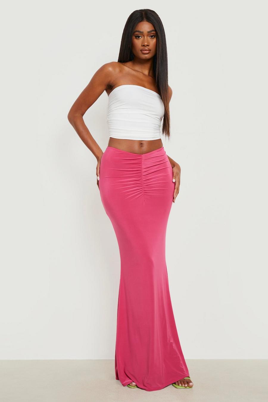 Hot pink rose Slinky Dip Waist Ruched Maxi Skirt