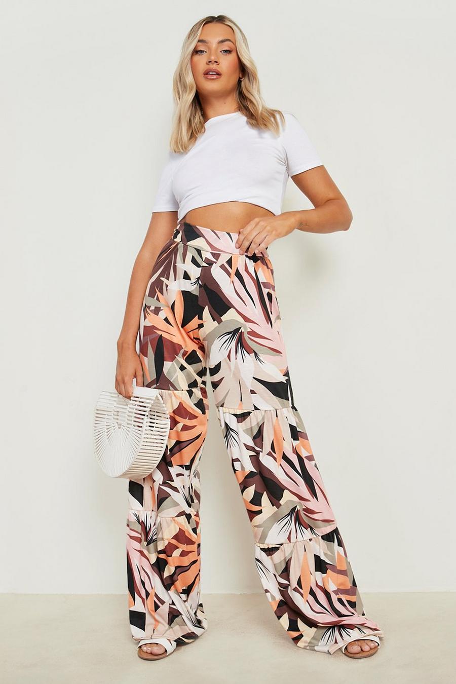 Multi Leaf Print Jersey Tiered Wide Leg Trouser  image number 1