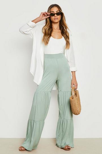 Jersey Knit High Waisted Tiered Wide Leg Pants sage