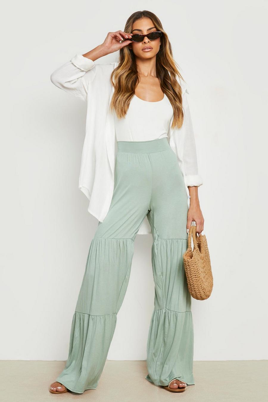 Sage Jersey High Waisted Tiered Wide Leg Trousers image number 1