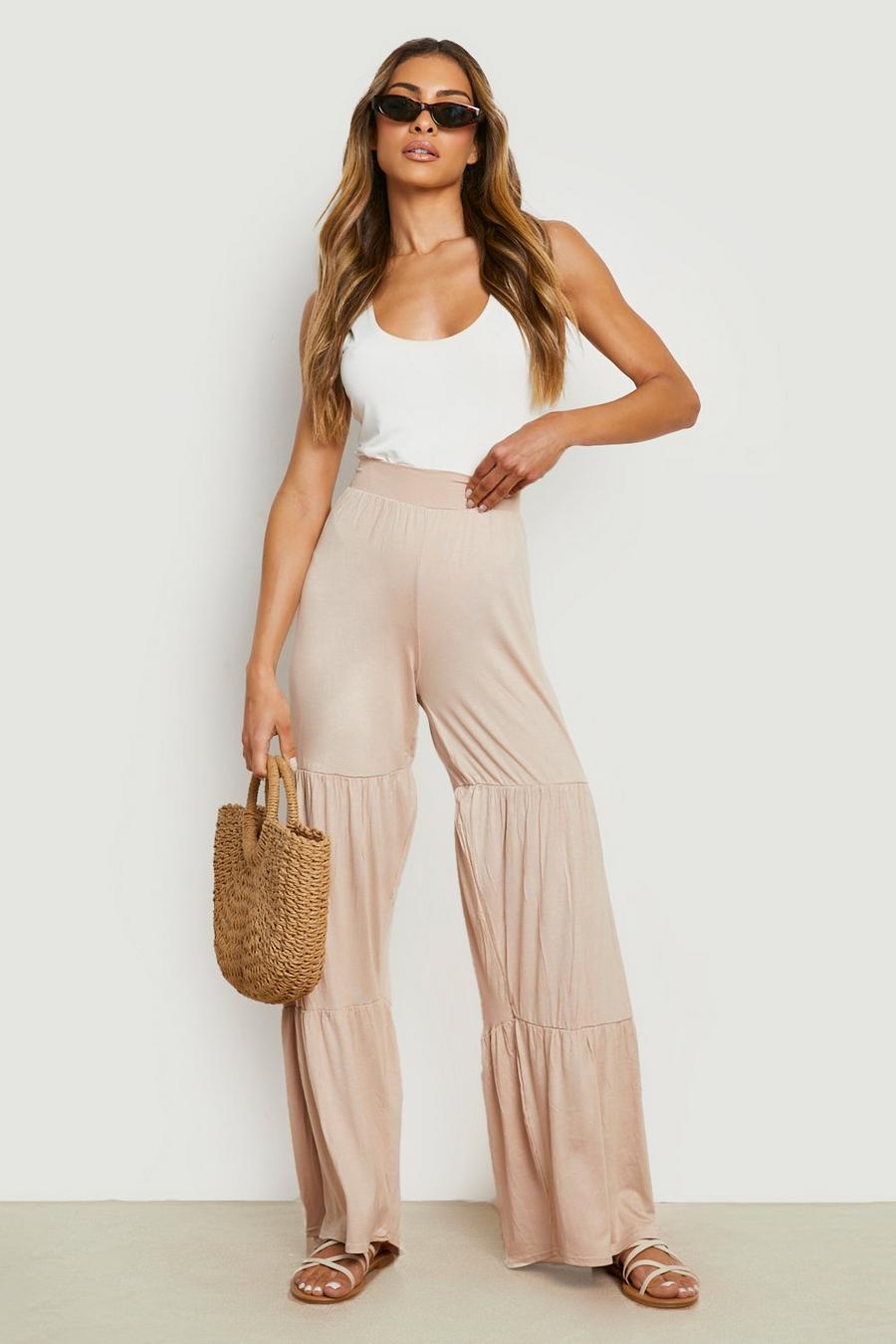 Sand Jersey High Waisted Tiered Wide Leg Trousers image number 1