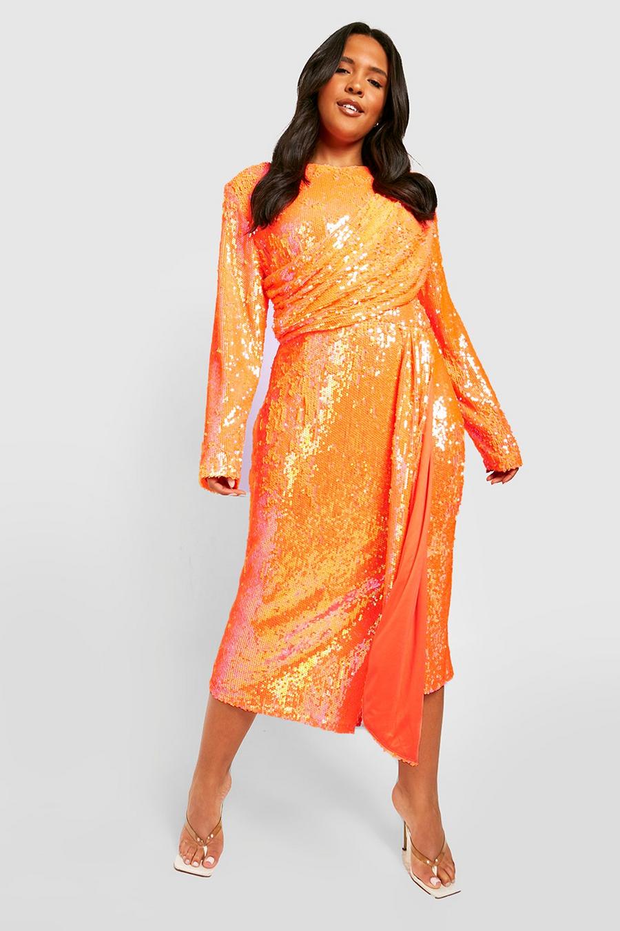 Orange Plus Sequin Drape Detail Midi Dress image number 1