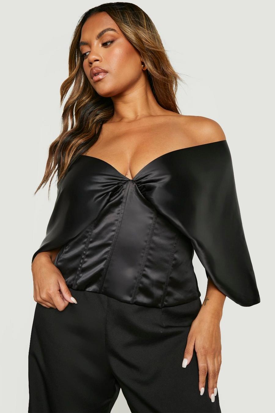 Top a corsetto Plus Size in raso con maniche ad ala di pipistrello, Black image number 1