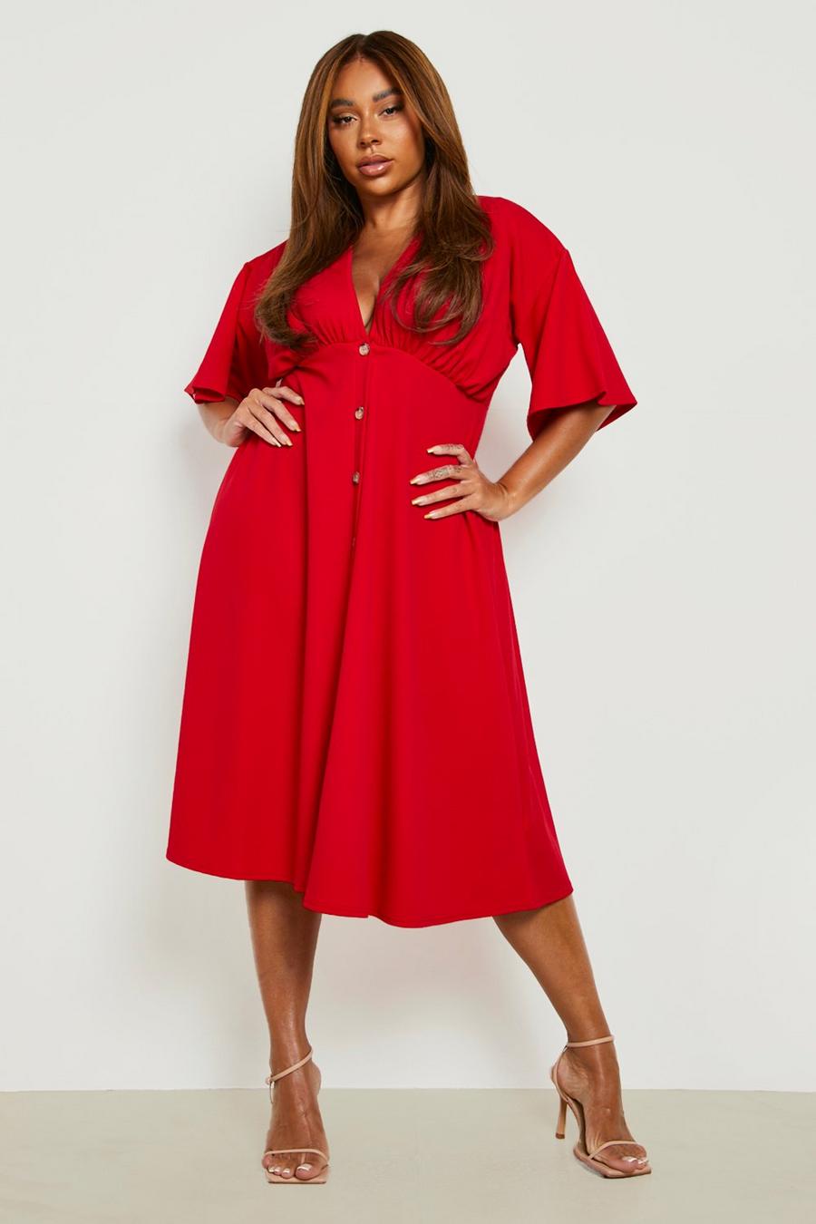 Red Button Down Angel Sleeve Skater Dress