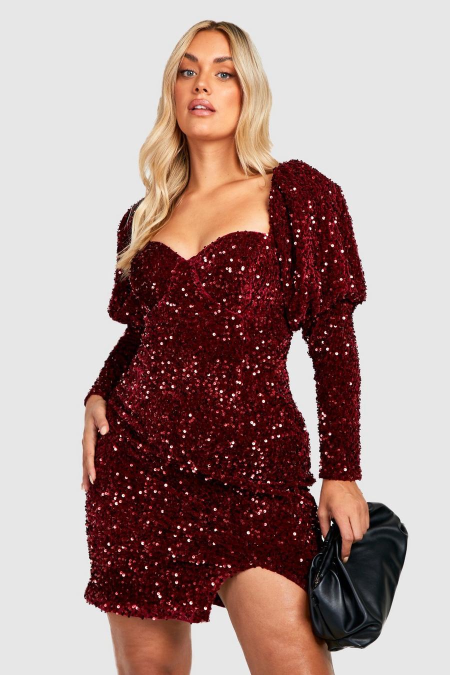 Berry Plus Sequin Puff Sleeve Mini Dress  image number 1