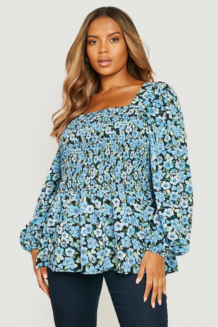 Blue Plus Floral Print Woven Sheered Top