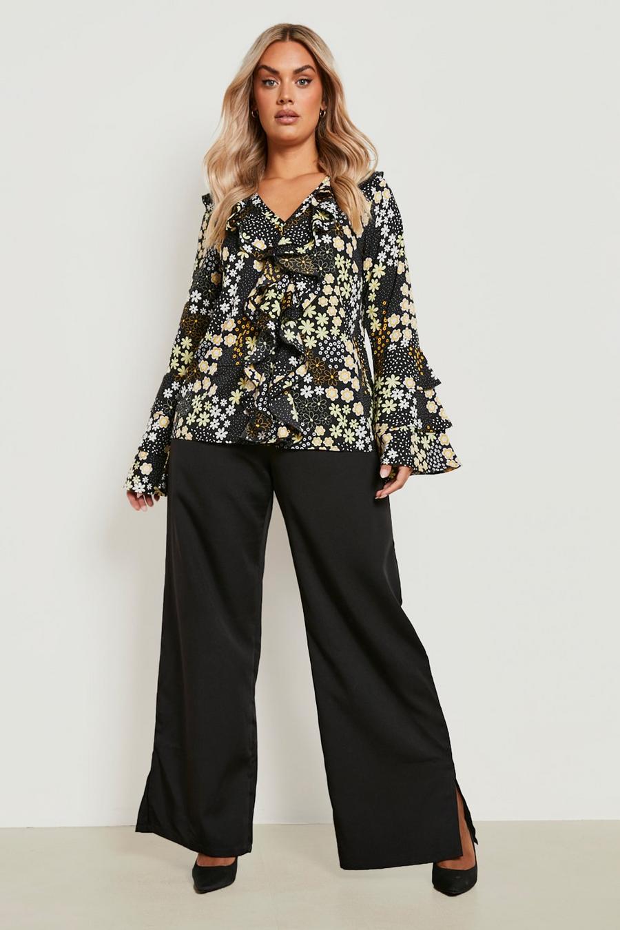 Black Plus Floral Print Woven Ruffle Blouse  image number 1