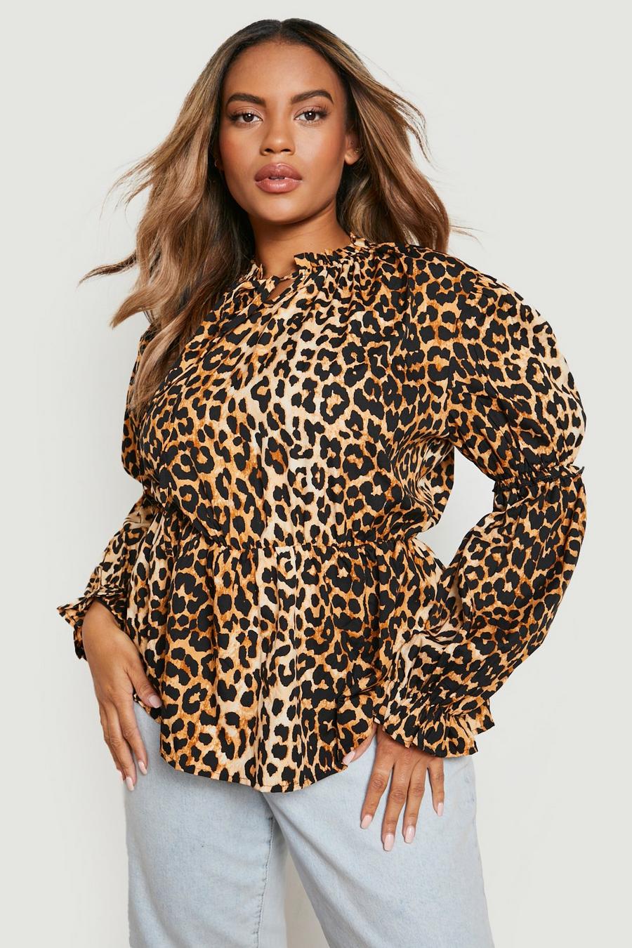 Brown Plus Leopard Print Woven Swing Blouse image number 1