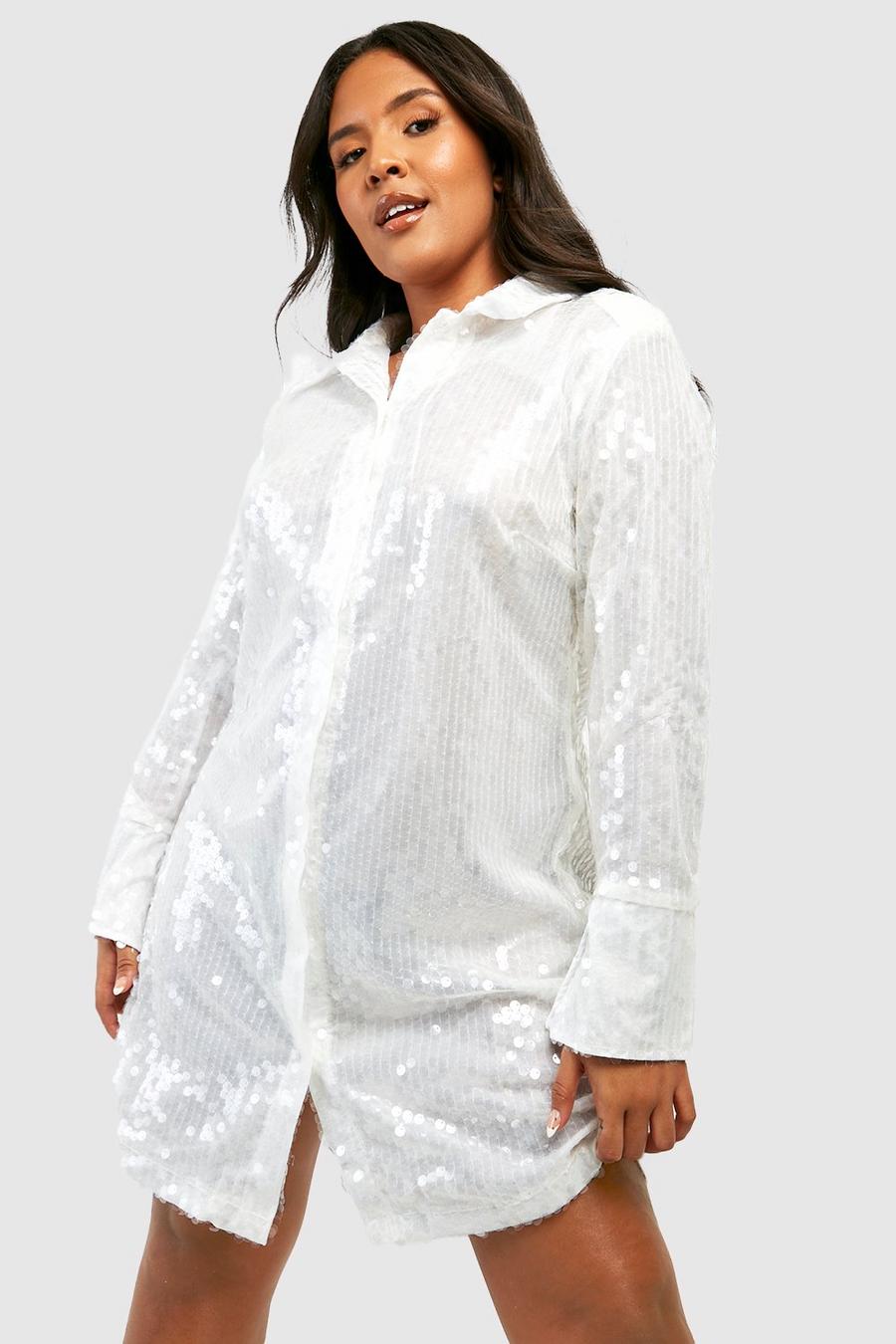 Ivory Plus Sequin Cuff Power Shoulder Shirt Dress image number 1